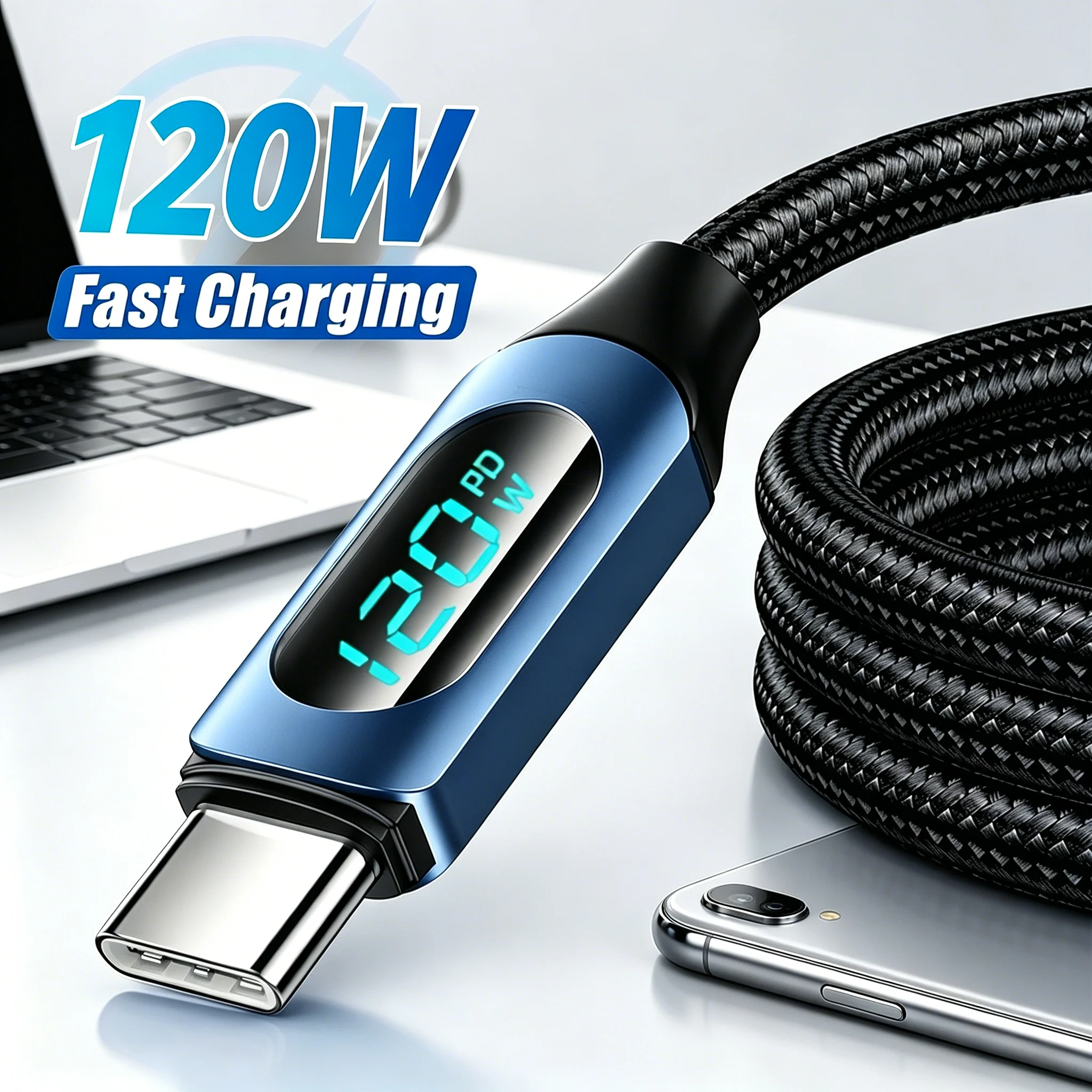 120W Type C Fast Charging Data Line with Real-time Digital Power Screen PD Charger Cable USB-A & Type-C for Mobile Phones Laptop