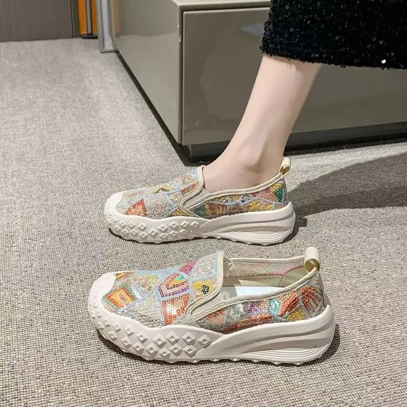 

Women Summer New Mesh Bling Casual Shoes Summer New Soft Sole Lightweight Breathable Round Toe Slip On Fashionable Walking Shoes