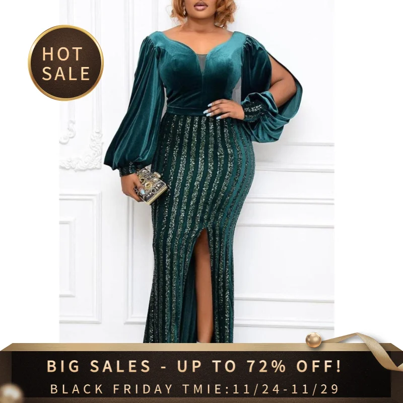 

Evening Party Dresses New V-neck Lantern Hollow Sleeve Splitting Hot Drilling Slit Dress Waist Length Skirt Female Clothing
