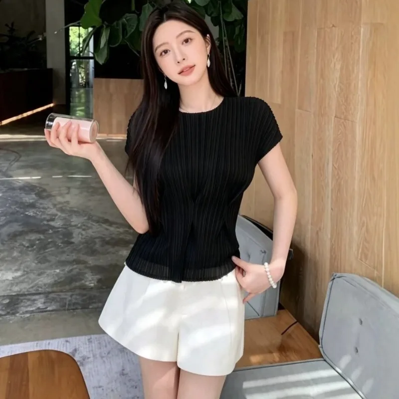  Pleated New T-Shirt Summer Fashion Simple Casual Waist-Cinched Short Sleeve Loose Solid Color Draped No-Iron Women's Top