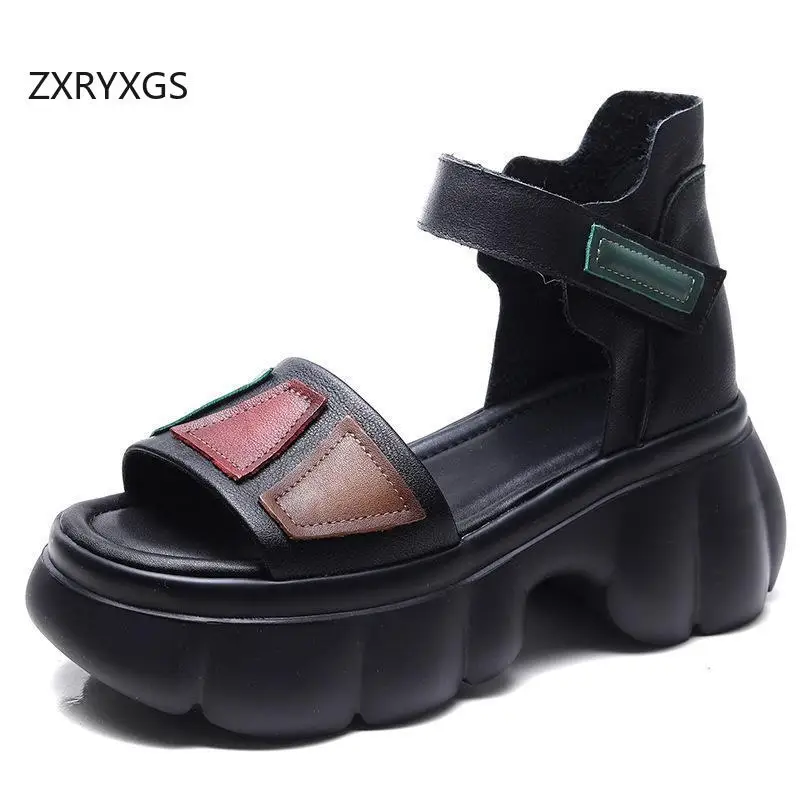 

ZXRYXGS 2024 Summer Premium Pu Leather Spell Color Roman Sandals Thick Sole High Heel Sandals Increase Shoes New Women Sandals