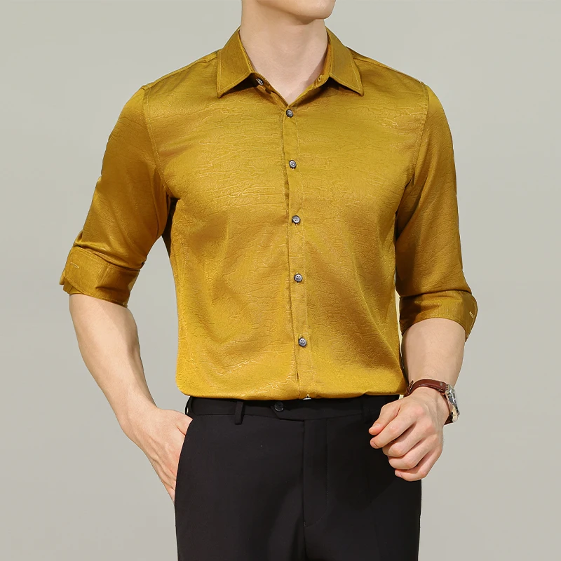 Autumn Men's Textured Jacquard Shirt Korean Slim Fit Non Ironing Long Sleeved Shirt High Quality Casual Business Dress Shirts