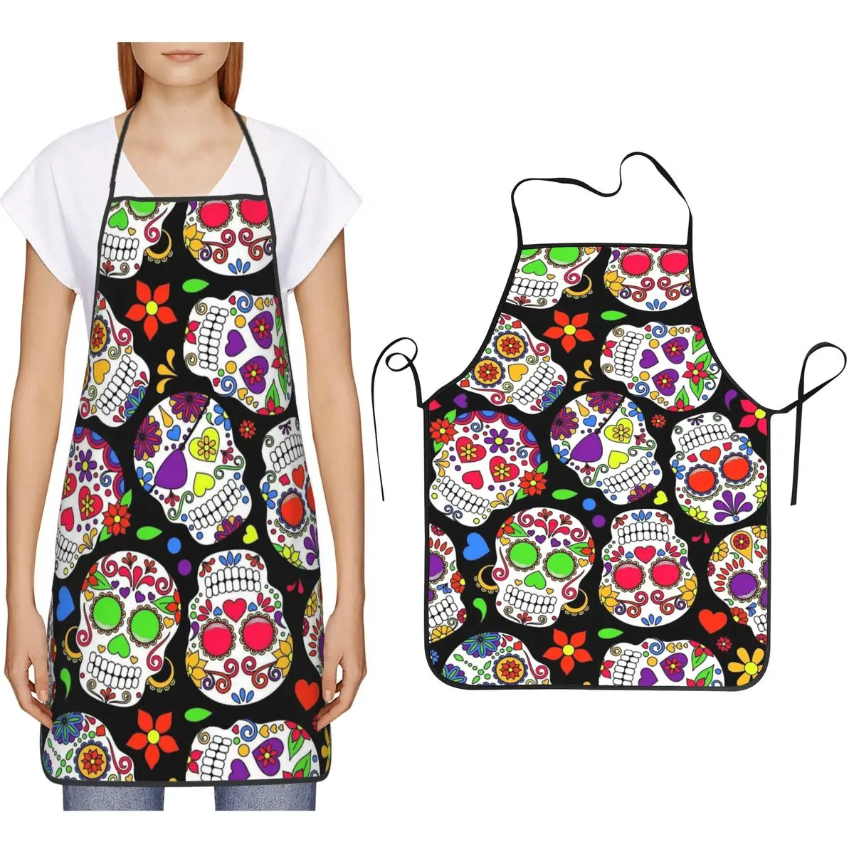 

Sugar Skulls Flower Day Of The Dead Apron Chef Cooking Baking Tablier Bib Kitchen Cleaning Pinafore for Women Men Gardening