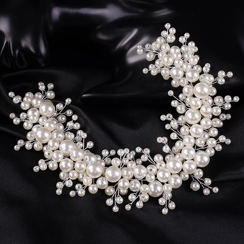 Fashion Bride Large Pearls Wedding Headband Silver Bridal HairPiece Hair Accessorie Hair Jewelry for Women and Girls