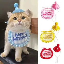 Cotton Polyester Cat Birthday Scarf Hat Set Soft Cat Bibs Burp Cloth Cat Saliva Towel with Digital Stickers