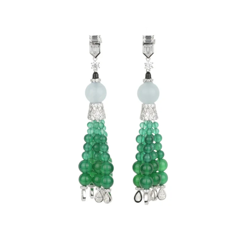 

BELLUX 2025 Китайский стиль 925 Серебро Позолоченные Синтетический Циркон Зеленые Бусины Роскошные Длинные Серьги с Кисточками