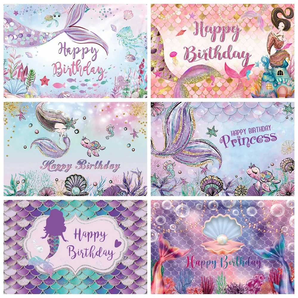 

Little Mermaid Theme Party Backdrop Photography Baby Shower Decor Background Photocall Girl Birthday Wedding Backdrops Decor