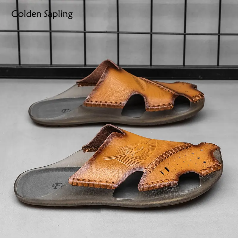 Golden Sapling Summer Men's Slippers Casual Party Slides Retro Leather Flats Lightweight Leisure Shoes Men Outdoor Beach Slipper