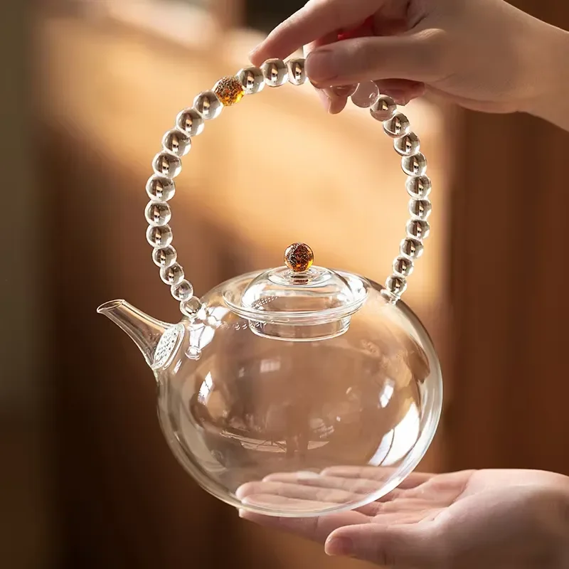 Japanese Style Glass Teapot High Temperature Resistant PC Handle Fruit Infuser Water Kettle for Home Office Brewing Tea Maker