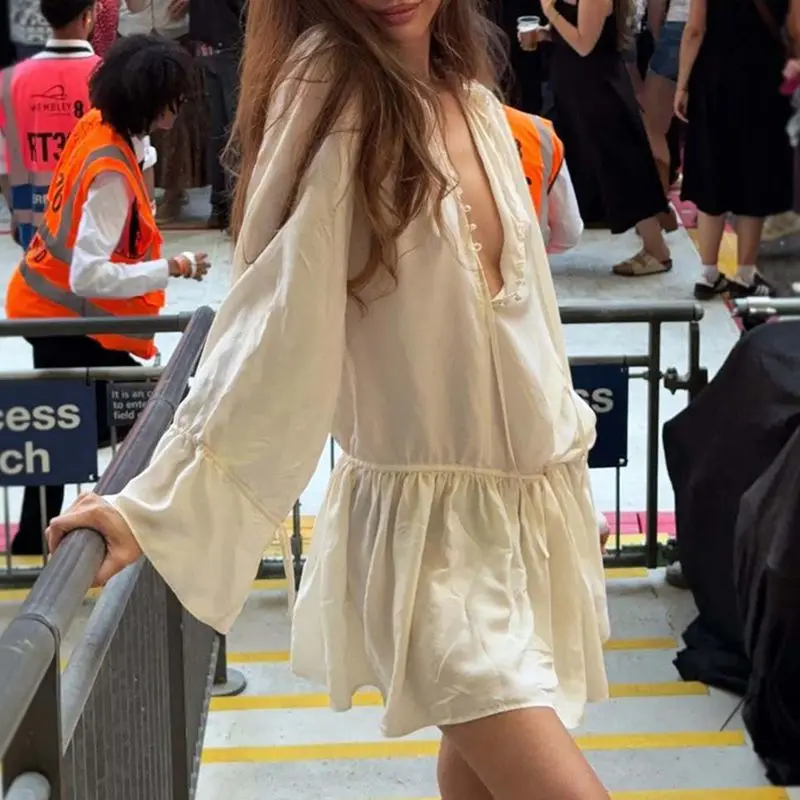 

Combhasaki Women's Elegant Drawstring Bow Tied Round Neck Blouses Ruffled Flare Long Sleeve Solid Color Half Button Shirt Dress