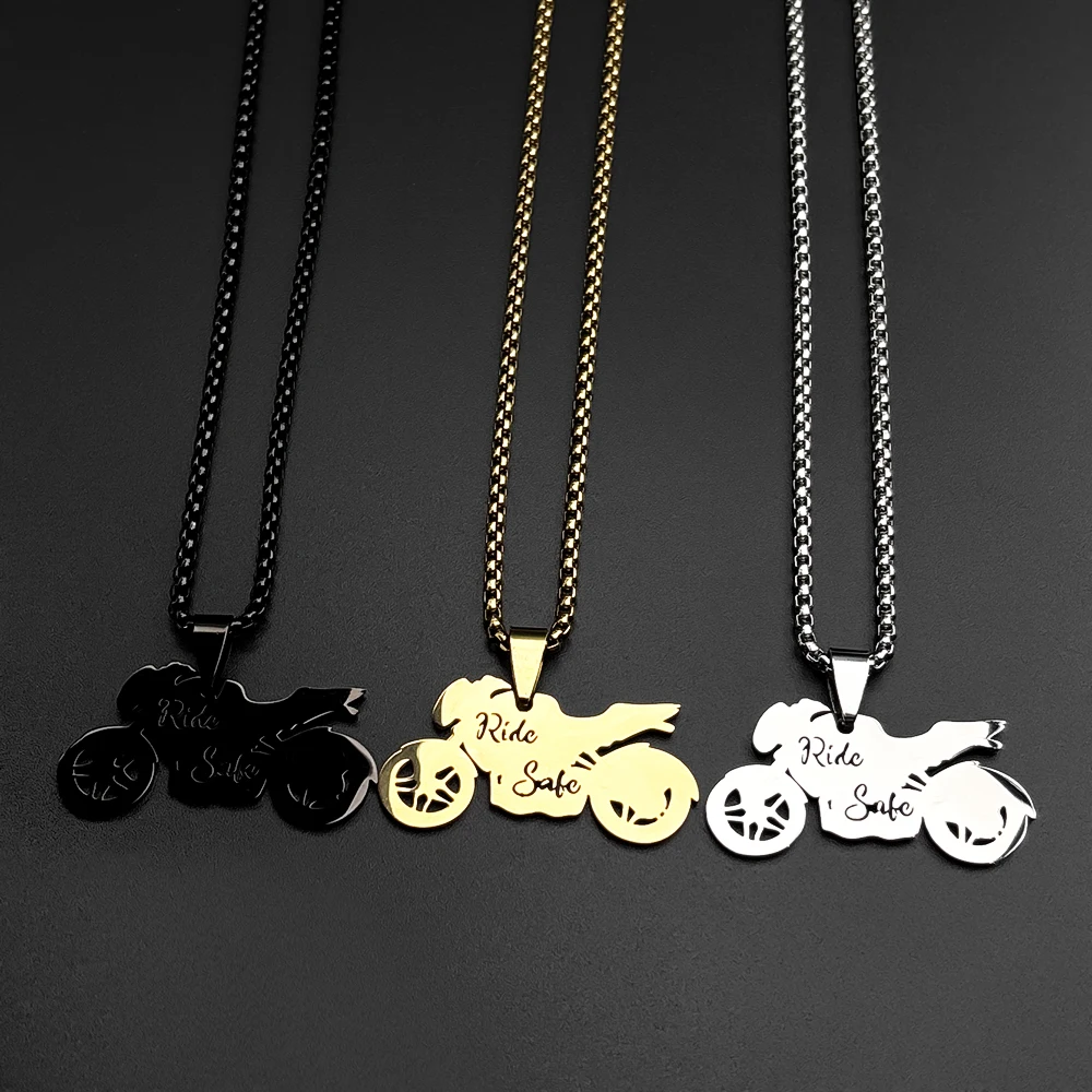 Stainless Steel Motorcycle Pendant Necklace Trendy Men's Cool Gold Silver Plated Charm Motorcycle Necklaces Jewelry Party Gifts