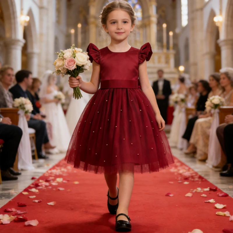 Wedding Dress For Girls	Formal Tulle Bridesmaid Girls Dress Vestido Princess Prom Kids Party Dresses For Girls Bow Birthday Gown