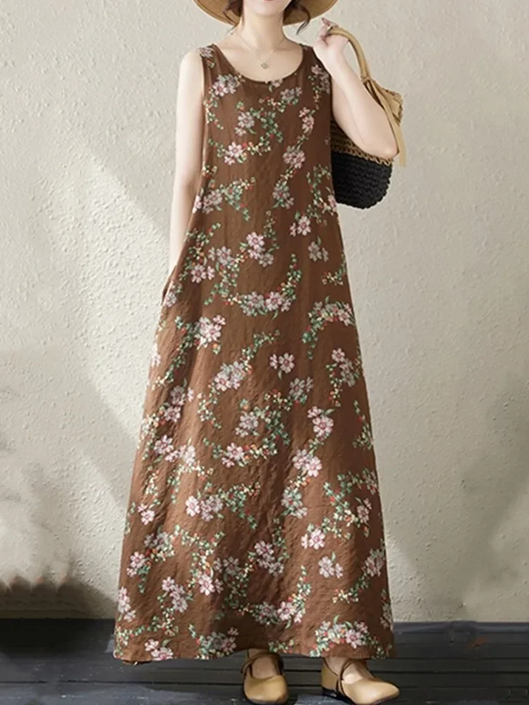 فساتين قطنية عتيقة بدون أكمام كبيرة الحجم جديدة في الفساتين للنساء فستان صيفي طويل فضفاض غير رسمي ملابس أنيقة 2025 #3