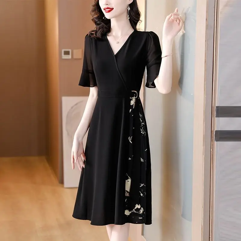 

Commute Printed Patchwork Midi Dress Female Clothing A-Line Waist Sashes All-match Summer Short Sleeve Elegant V-Neck Dresses