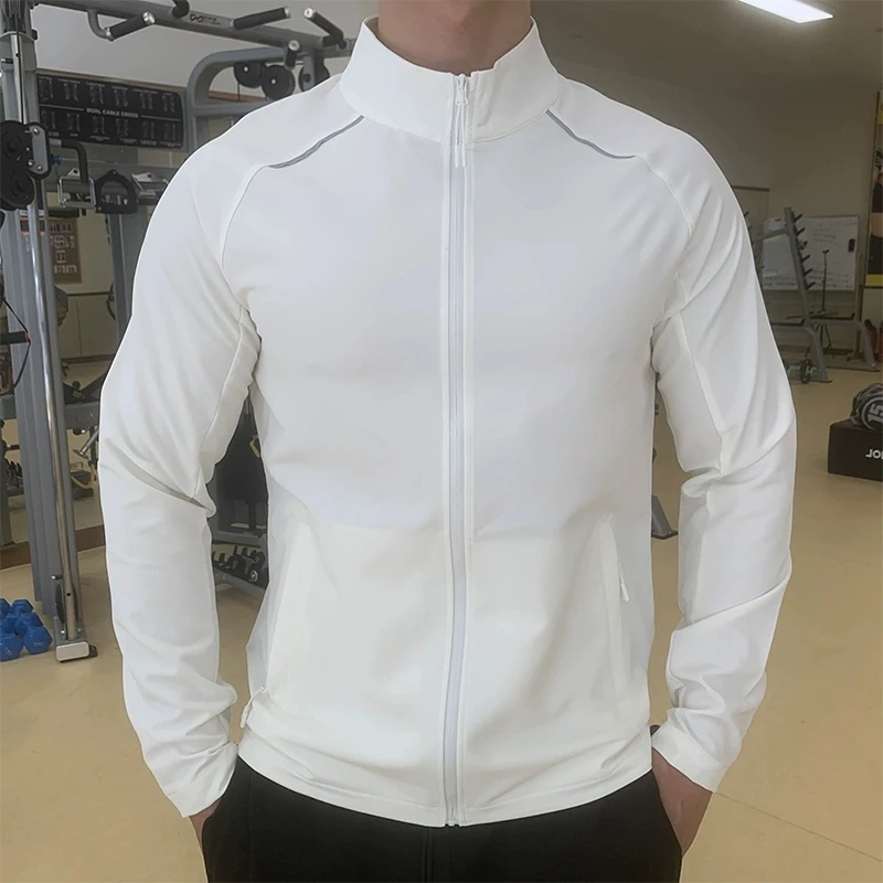 Men\'s Running Sport Jackets Quick Dry Stand Collar Long Sleeve Jacket with Zip Pockets Workout Training Coats For Man White Coat