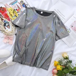 S-4XL para mujer, camiseta holográfica metálica brillante con cuello redondo, manga corta, Top holgado informal, camiseta para fiesta y Festival, ropa femenina