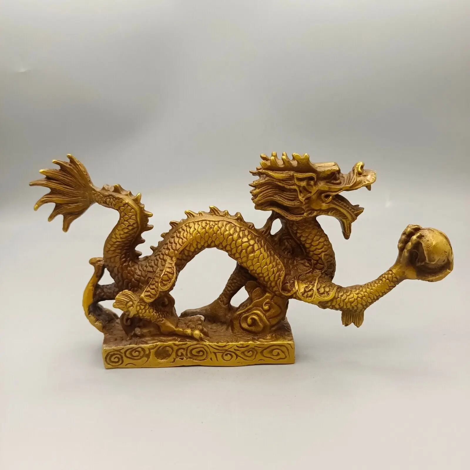 Fengshui old Dragon Playing Ball with Base Copper Ornament
