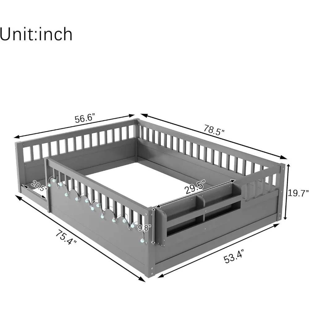 Cama de plataforma de tamanho completo de madeira Montessori com luz e armazenamento, trilhos seguros para dormir com economia de espaço para meninos