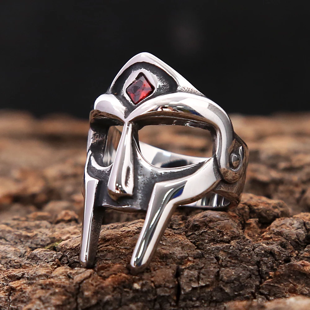 Punk Vintage Stainless Steel MF DOOM Mask Rings With Red Stone Fashion Fingers Jewelry For Men Women Party Amulet Jewelry Gifts