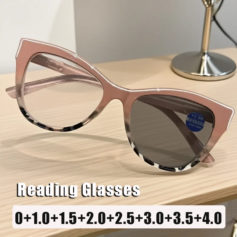 

Модные фотохромные очки «кошачий глаз» для пресбиопии для мужчин и женщин, очки для чтения в большой оправе с защитой от синего света, диоптрии от 0 до +4,0