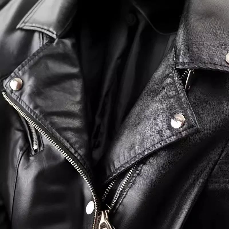 Mulheres preto jaqueta do plutônio primavera outono estilo europeu americano roupas lapela motocicleta turn-down colarinho couro do plutônio casaco com zíper