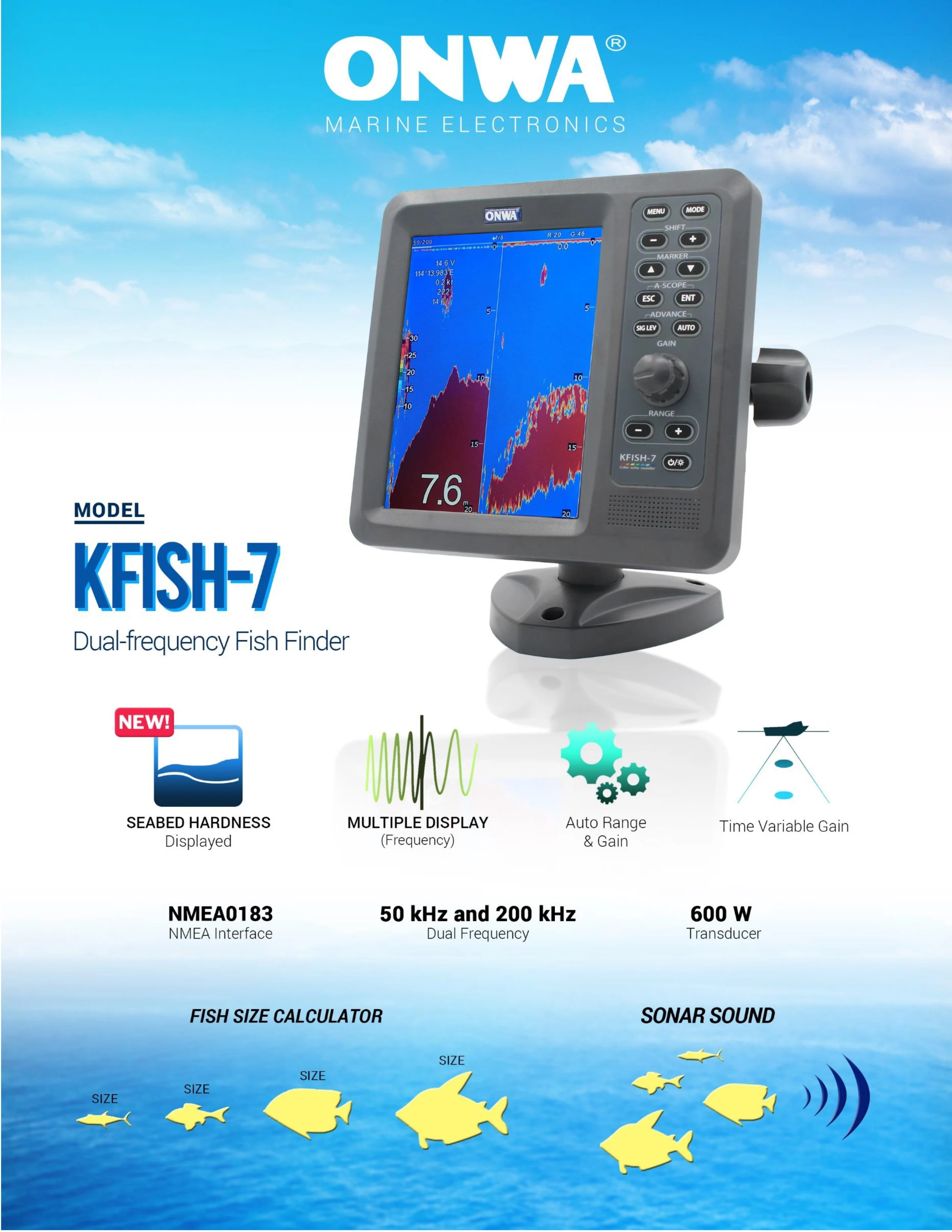 ONWA KFISH -7 Marine fish Finder depth sounder sonar fish finder With Dual Frequency,with TRANSDUCERS TD-28