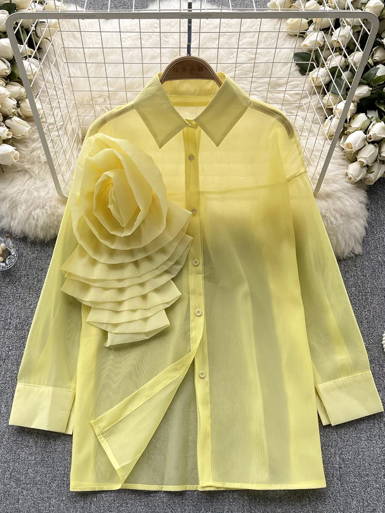 Croysier Women Shirts Blouses Tops Fashion Raised Flower Semi Sheer Shirt Long Sleeve Top Lapel Collar Button Up Loose Shirt