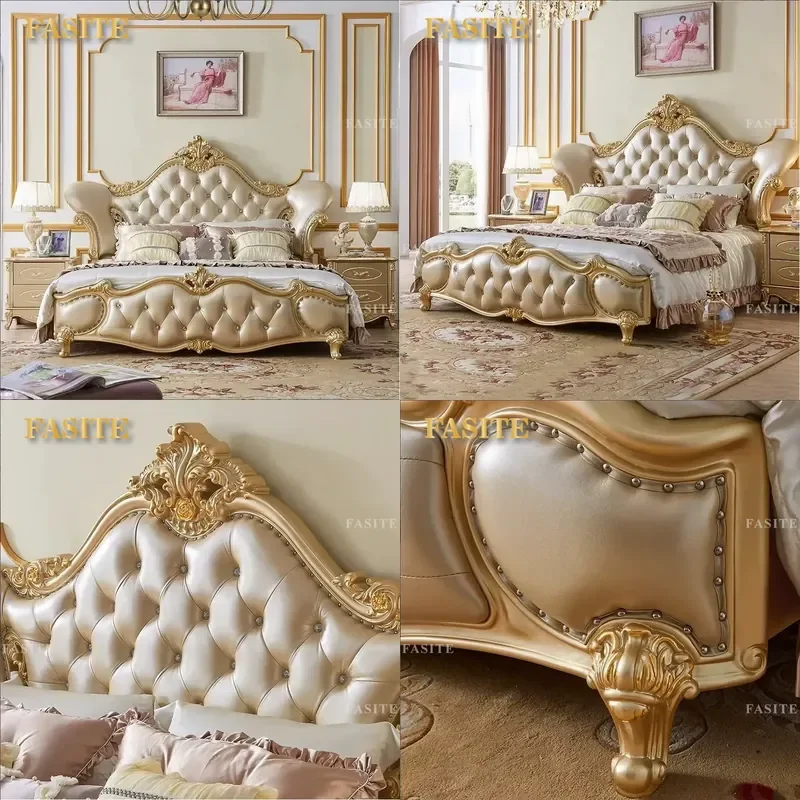 For Bed Frame European Antique Style Classic Carved Solid Oak Wood Champagne Gold Premium Bedroom Furniture Set