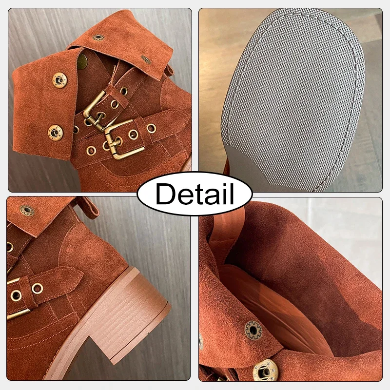 JOZHAMTA Size 34-40 Women Mid Calf Boots Suede Genuine Leather Studded Buckle Strap Platform Short Booties Vintage Daily Dress