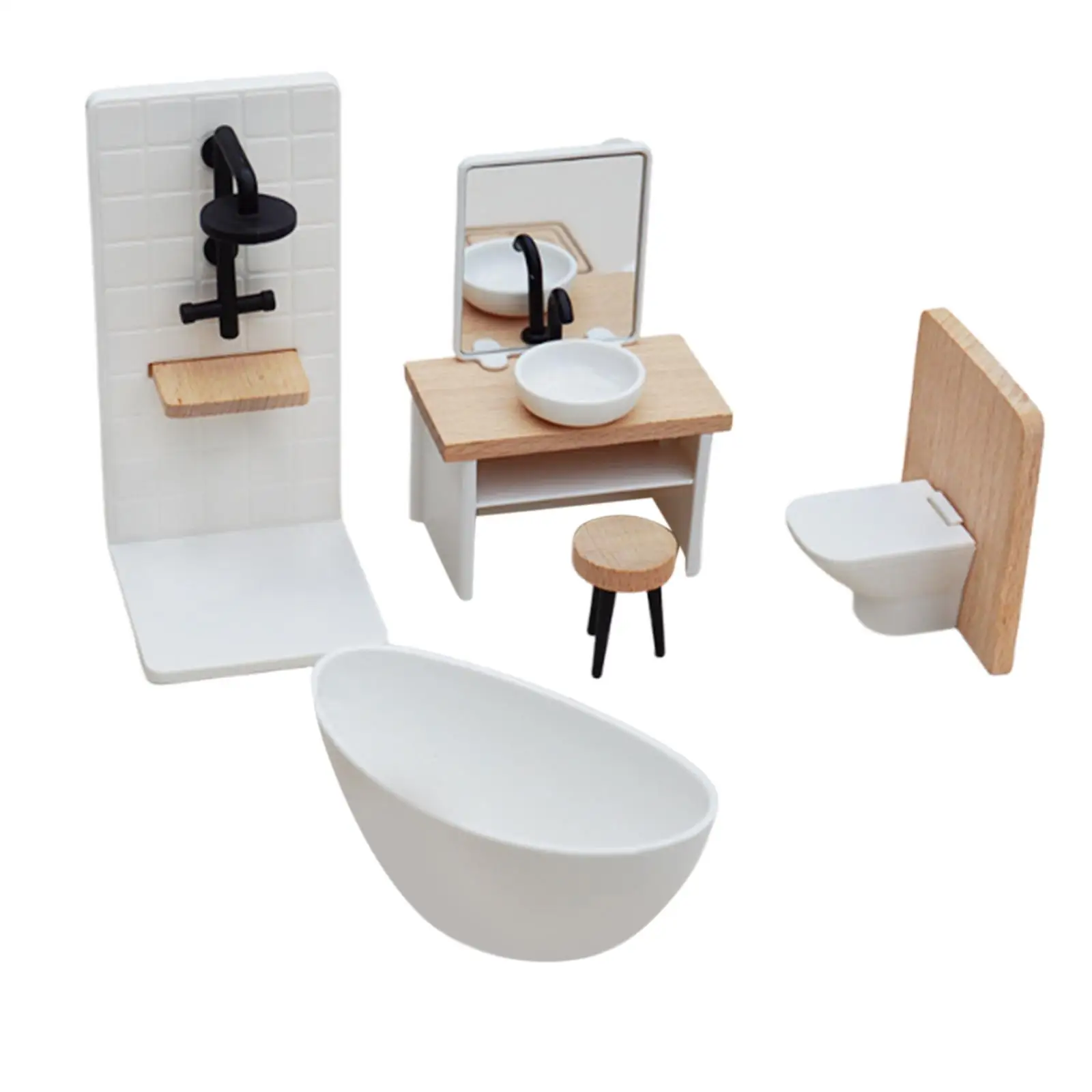 5 Pieces 1:12 Scale Dollhouse Bathroom Set Pretend Play Toys Classic Dollhouse Decor Accessories Toilet Miniature Furniture Kit