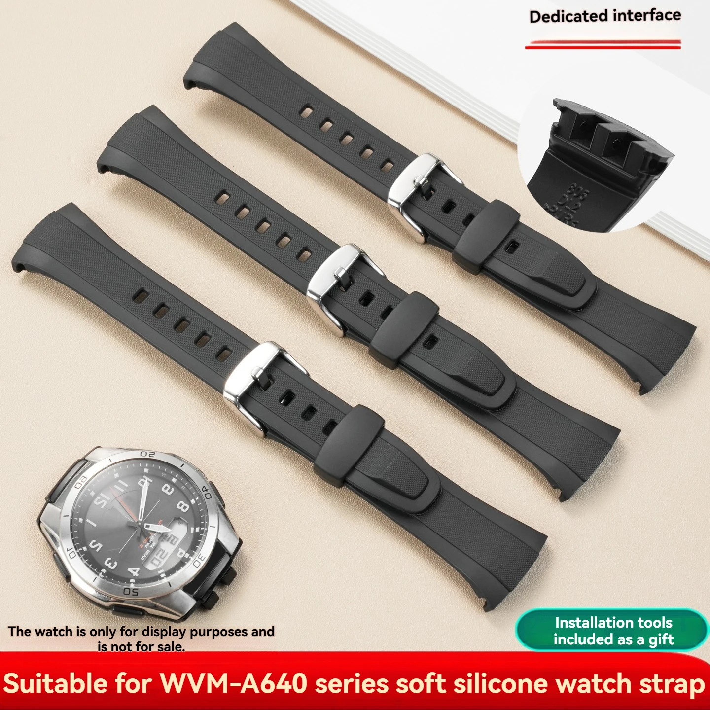 Waterproof Black Sports Silicone Strap Accessory for Casio Solar 6-Band WVA-M640/WVA-M650 WVQ-M410 Watch Straps