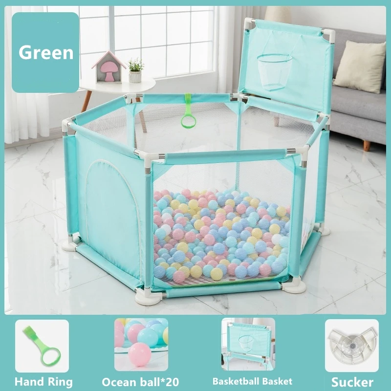 Large Baby Play Yards Indoor & Outdoor Sturdy Safety Baby PlayPen with basketball stands Soft Breathable Mesh with Ocean Balls