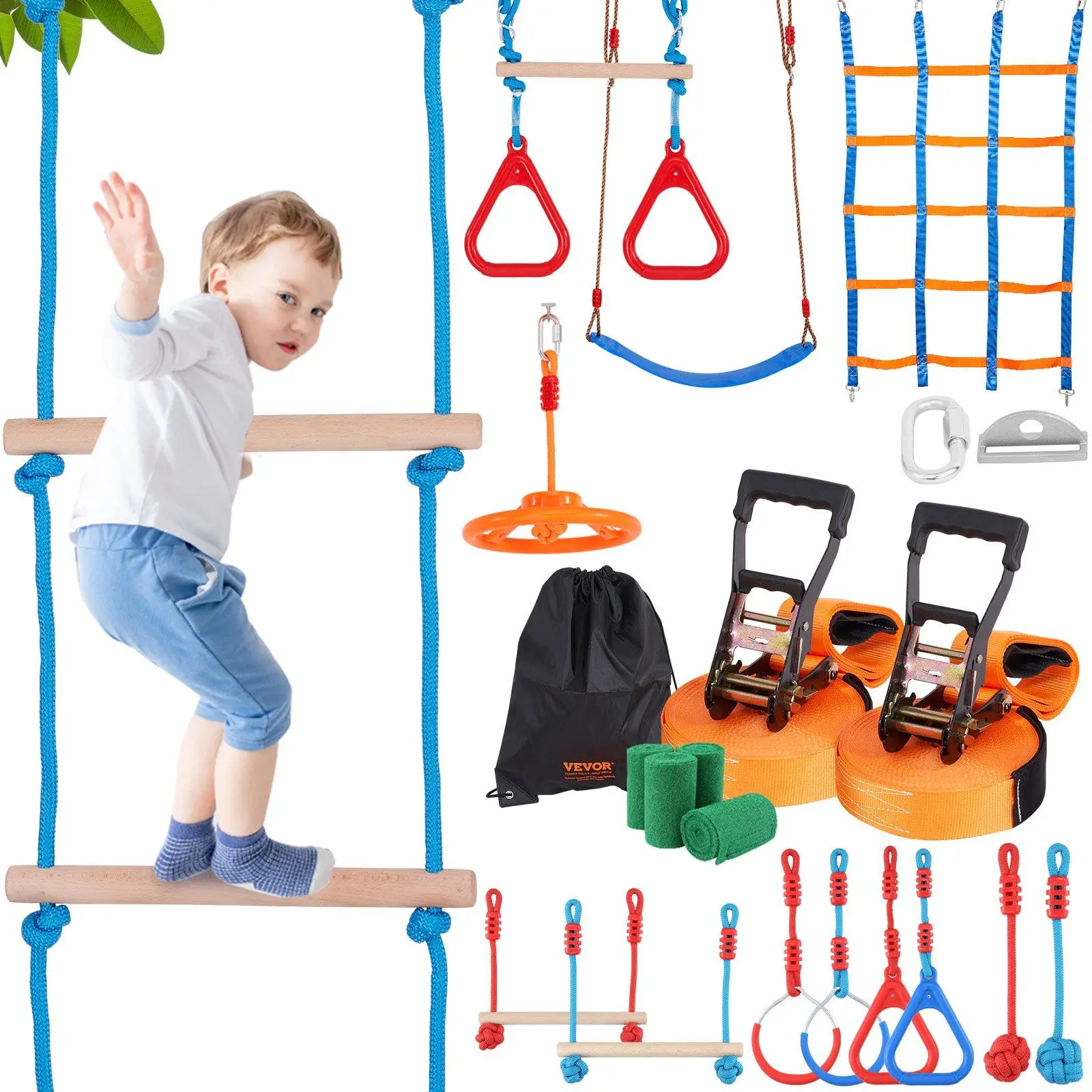 Outdoor Playset Equipment 2 x 60 ft Weatherproof Slacklines Ninja Warrior Obstacle Course for Kids