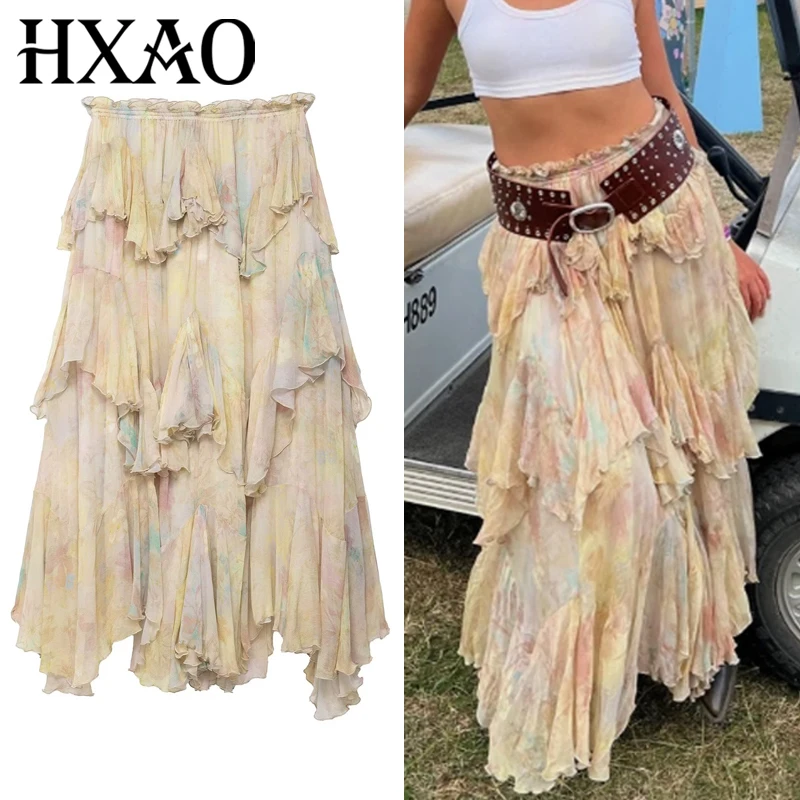 

HXAO Женская юбка Многослойная юбка с принтом тай-дай Лето 2025 Длинная юбка с рюшами и высокой талией Макси-юбка Шикарные элегантные отпускные юбки