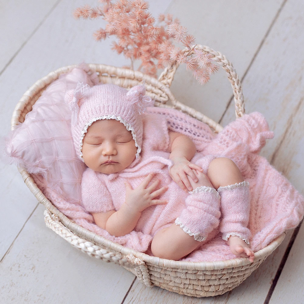 طفل التصوير الدعائم عدة لطيف الوردي محبوك بذلة قبعة الساق الجوارب مجموعة الدانتيل وسادة زهرة اصطناعية استوديو صور تزيين الدعامة #5