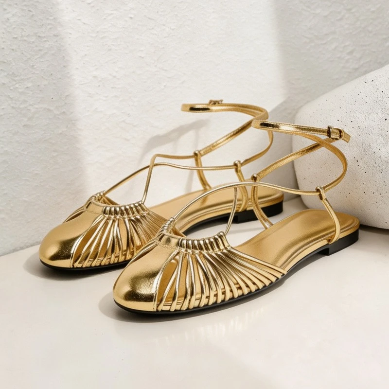 Women's Gold Flat Sandals Retro Roman Gladiator Weave Ankle Strap Hollow Out Summer Comfort Beach Casual Shoes