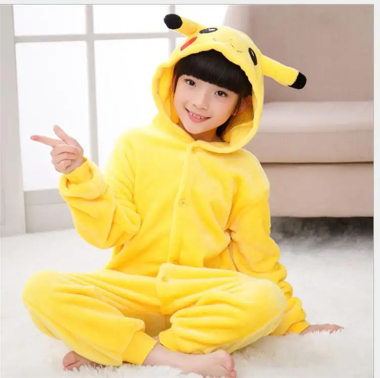 Yellow Cartoon puke Pajama Kids Animal Onesie Winter Flannel Sleepwear Hooded Anime Kigurumi Cosplay Costume Party Fantasy