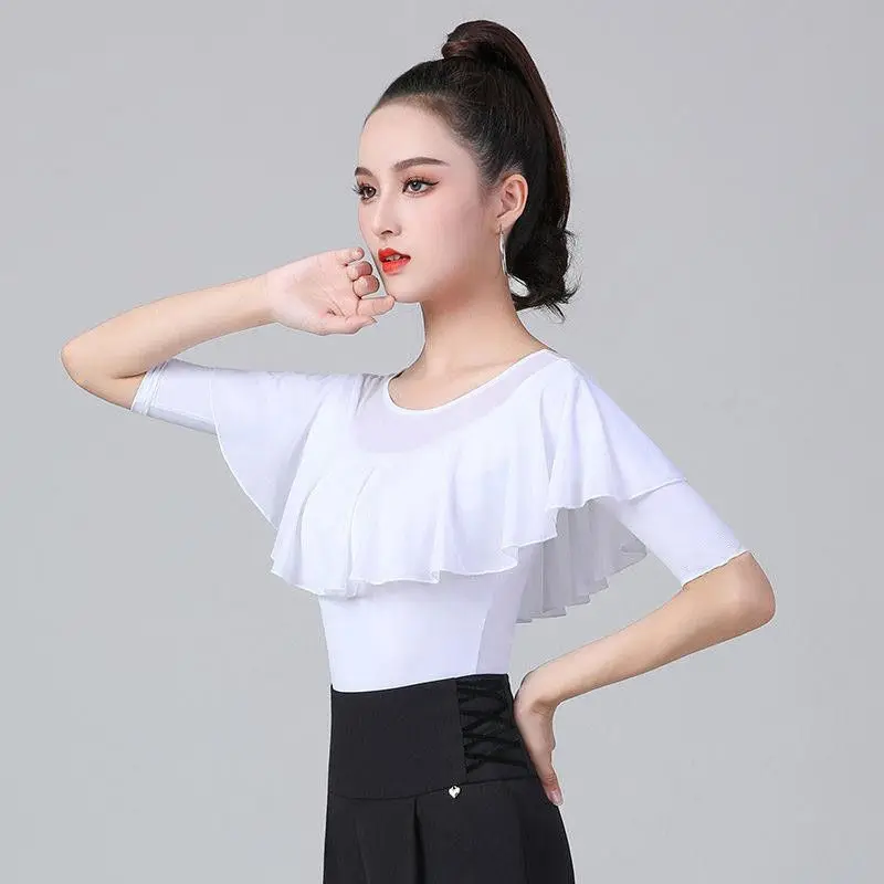 Latin Dance Top Women White Ruffle Dance Dress Middle Sleeve Summer New National Standard Dance Practice Dress Dance Dress