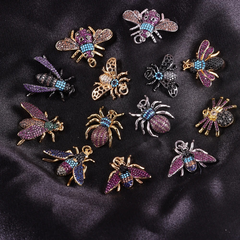 Juya 18K Gold Plated Micro Pave Zircon Decorative Artwork Insect Bug Bees Butterfly Charms For DIY Luxury Pendant Jewelry Making