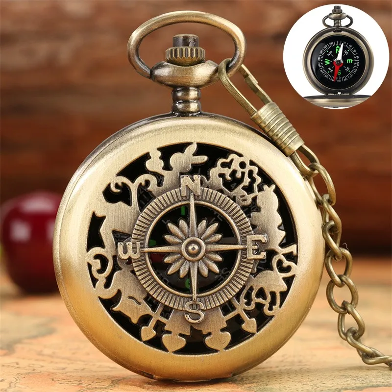 Retro Nautical Pocket Watch Case Compass Classic Hiking Survival Navigation Compass Pendant Chain for Travel Unique Gift Idea