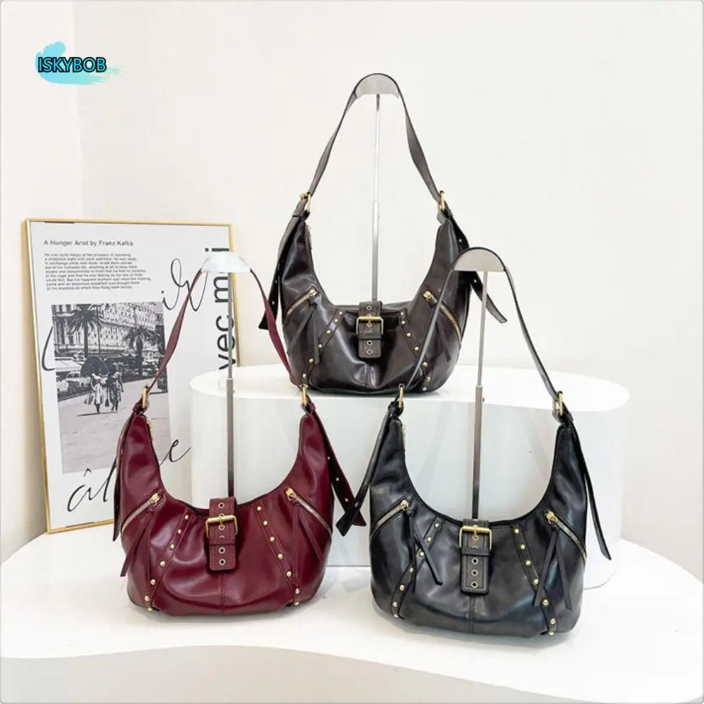 

Oil Wax LeatherRetro American Style Rivets Buckle Crossbody Bag Fashion Design Korean Style Locomotive Style Underarm Bag