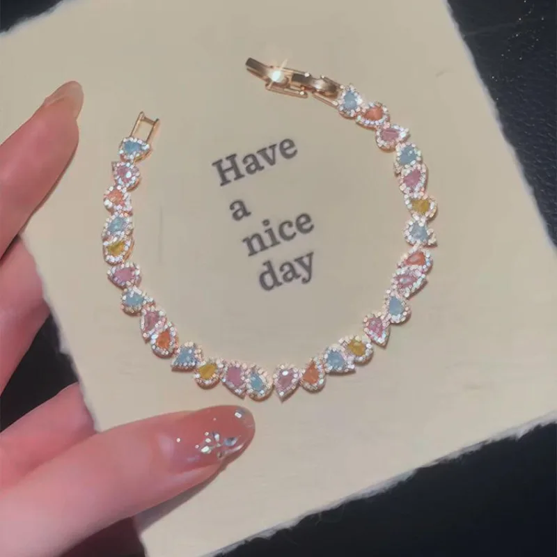 

Minar High Quality Candy Color CZ Cubic Zirconia Water Drop Strand Bracelets for Women Rose Gold Plated Copper Daily Accessories