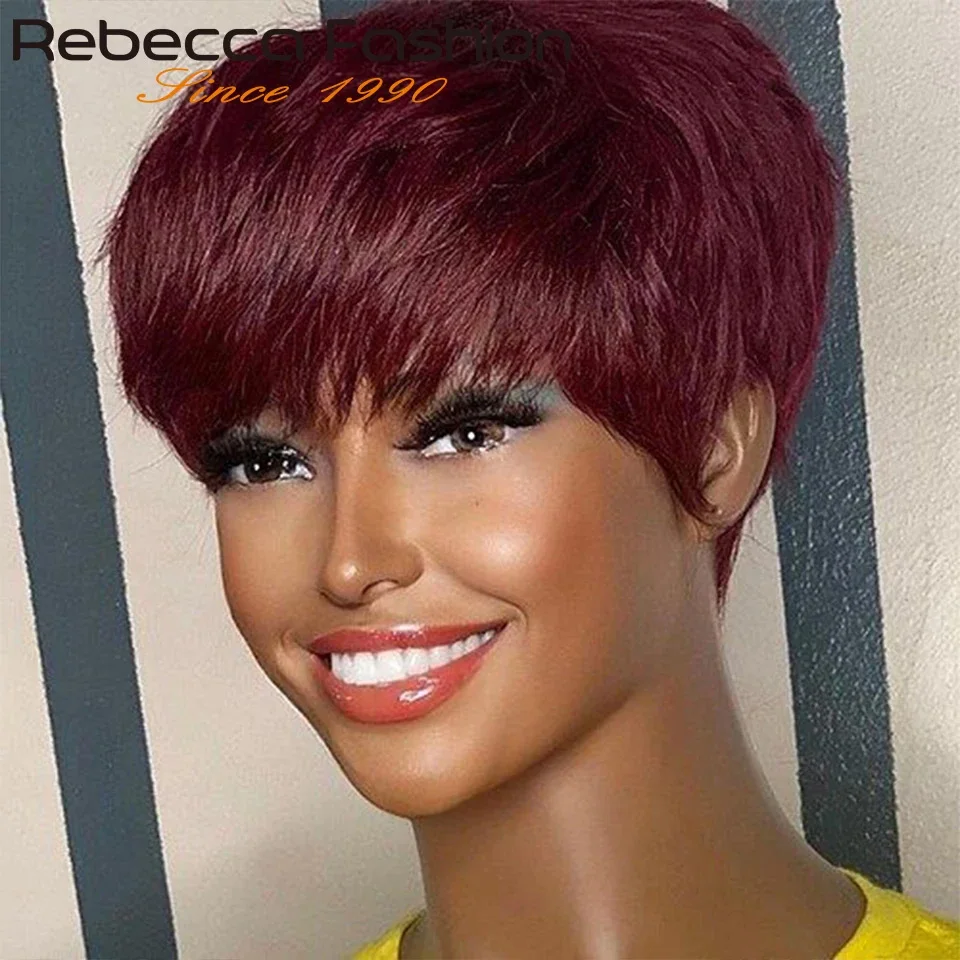 99J Colored Short Straight Bob Pixie Human Hair Wig With Bangs Fringe For Women Brazilian Remy Hair Burgundy Red Bob Wigs