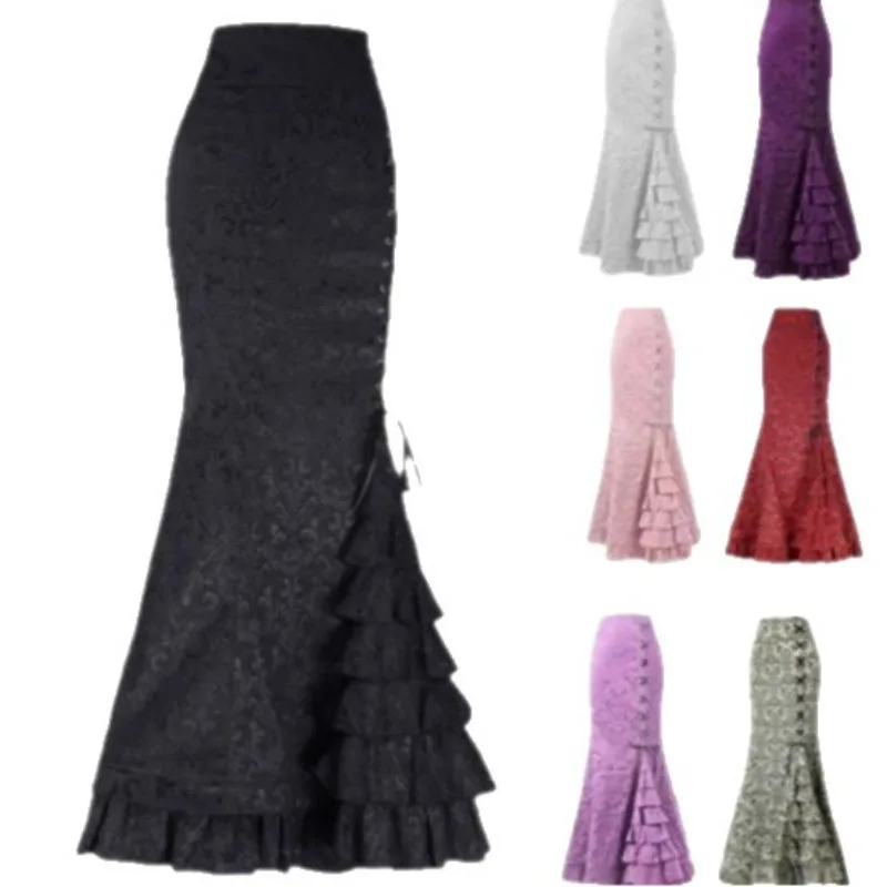 Steampunk gótico jacquard cauda de peixe saia vitoriana elegante saia longa para performance de dança
