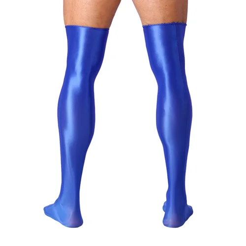 Imagen 2 del producto 1 par de medias altas hasta el muslo brillantes para hombre calcetines elásticos de Color sólido accesorios de disfraz