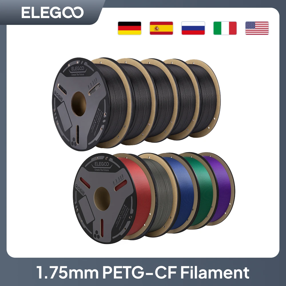 ELEGOO Carbon Fiber PETG Filament 1.75 mm Black 1KG, High Strength PETG-CF 3D Printing Filament, Fits for Most FDM 3D Printers
