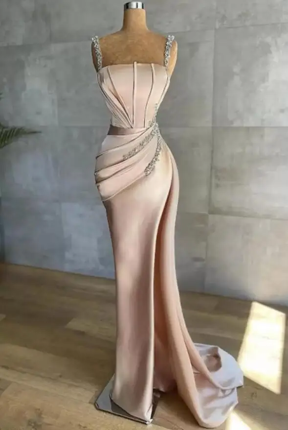 Robe de Soirée de Forme Sirène en Satin avec Perles de Clip, Tenue de Bal de Promo Formelle avec Plis, Charmant, pour Célébrité