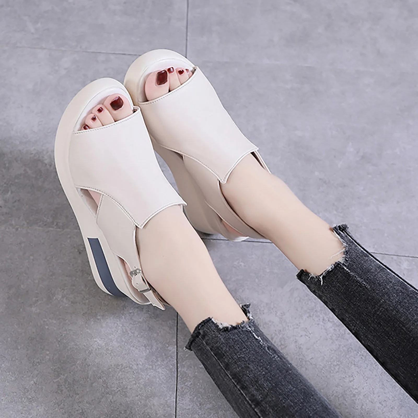 Summer Wedge Sandals for Women Solid Color Open Toe High Heels Casual Ladies Buckle Strap Fashion Female Sandalias Mujer Shoes