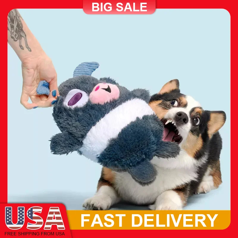

Squeaky Plush Goat Dog Toy with Whip Flip Limbs and Crinkle Sound Farm Animal Chew Toys for Puppy Interactive Play