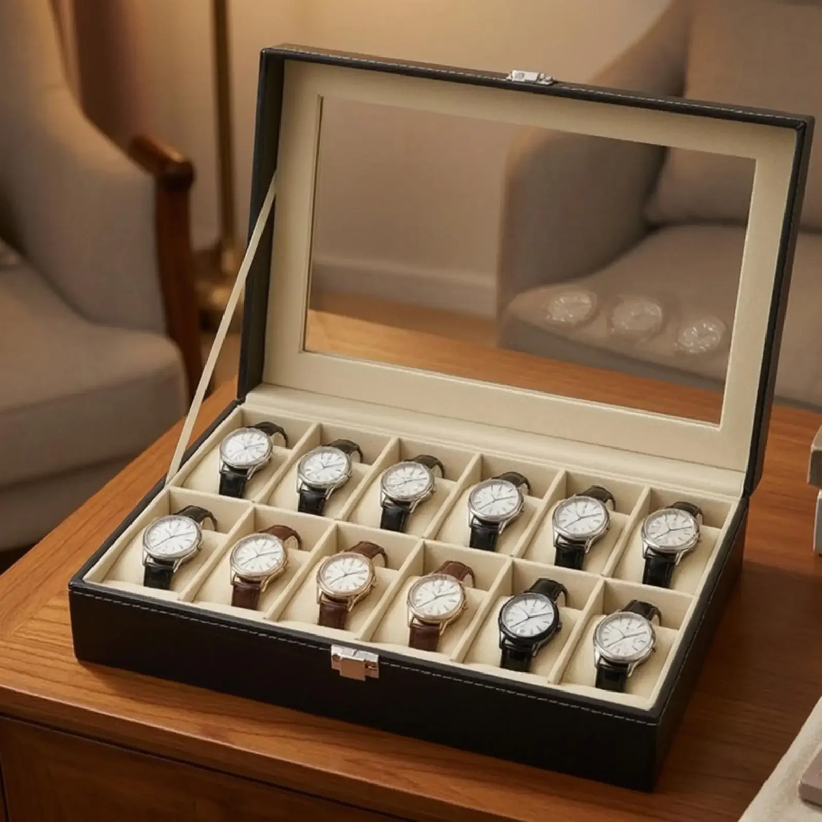 12‑Slot PU Leather Watch Box Lockable Glass Lid Jewelry Display Organizer Case For Men Watch Storage Gift Home Travel Use